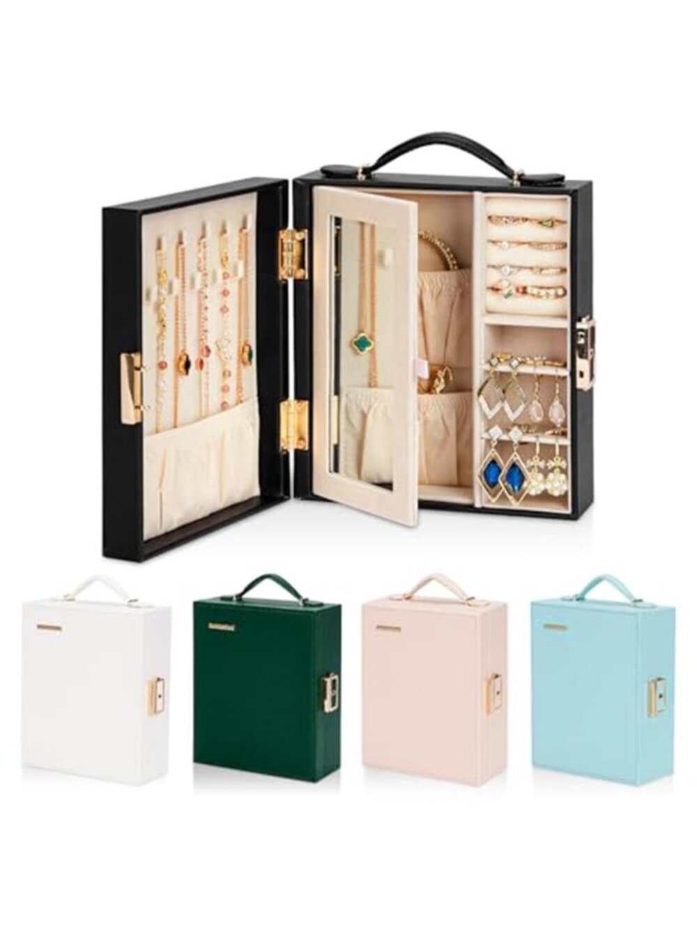 Black Travel Jewelry Box Organizer Lock Necklace Ring Earring Storage Case